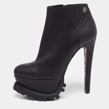 Pre Owned Philipp Plein Black Leather Platform Ankle Booties Size 37