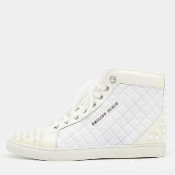 Pre Owned Philipp Plein White/Cream Quilted Leather Sugar Spiked High Top Sneakers Size 38.5