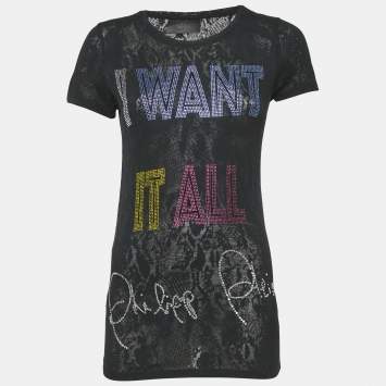 Philipp Plein Couture Navy Blue Snake Print and Embellished Cotton Blend T-Shirt S