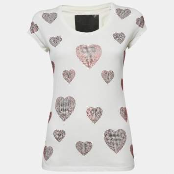 Pre Owned Philipp Plein Couture White Heart Embellished Cotton T-Shirt S