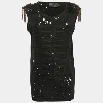 Philipp Plein Couture Black Shoulders Embellished Distressed Top XS