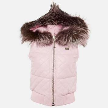 Pre Owned Philipp Plein Pink Leather & Fox Fur Hooded Sleeveless Jacket S