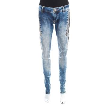 Pre Owned Philipp Plein Indigo Crystal and Lace Detail Distressed Strawberry Cheesecake Slim Fit Jeans M