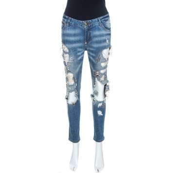 Pre Owned Philipp Plein Illegal Fight Club Blue Distressed Denim Straight Supreme Jeans S