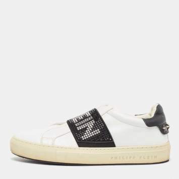 Pre Owned Philipp Plein White/Black Leather  Crystal Embellished  Sneakers Size 35