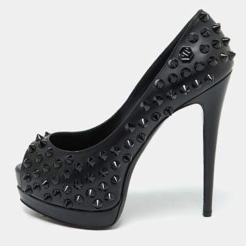 Pre Owned Philipp Plein Black Leather Studded Peep Toe Platform Pumps Size 38