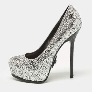 Philipp Plein Silver/Black Glitter and Python Platform Pumps Size 37