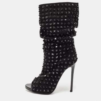 Pre Owned Philipp Plein Black Suede Peep Toe Superstudd Embellished Mid Calf Boots Size 38.5