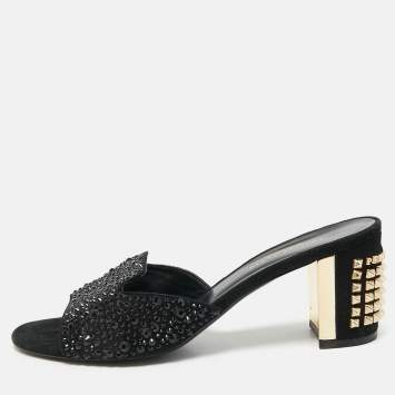 Pre Owned Philipp Plein Black Suede Crystal Slide Sandals Size 38