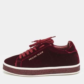 Pre Owned Philipp Plein Burgundy Velvet Crystal Embellished Low Top Sneakers Size 38