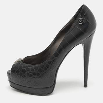 Philipp Plein Black Croc Embossed Leather Skull Peep Toe Platform Pumps Size 38
