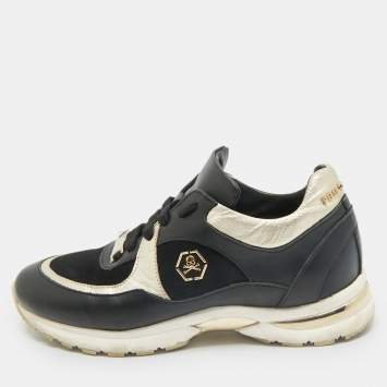 Philipp Plein Black/Gold Leather and Suede Low Top Sneakers Size 38