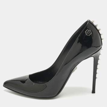 Pre Owned Philipp Plein Black Patent Leather Studded Pointed Toe Pumps Size 39