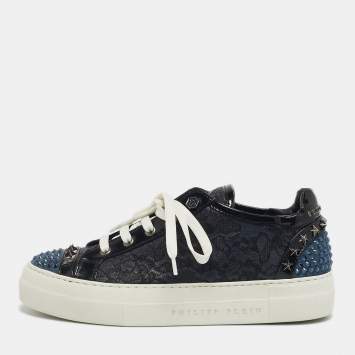 Pre Owned Philipp Plein Navy Blue/Black Leather and Lace Stud Embellished  Lace Up Sneakers Size 37.5