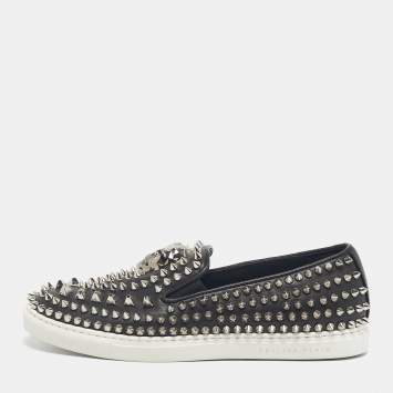 Pre Owned Philipp Plein Black Leather Studded Skull Slip On  Sneakers Size 37