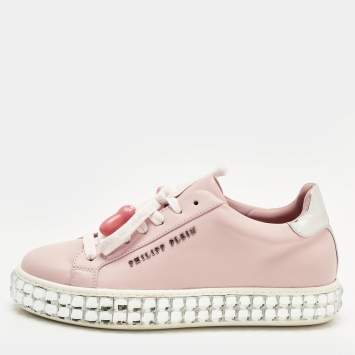Pre Owned Philipp Plein Pink/Silver Leather and Patent Leather Crystal Platform Lace Up Sneakers Size 36
