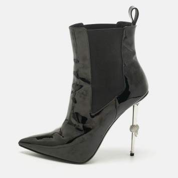 Pre Owned Philipp Plein Black Patent Leather Skull Ankle Length Boots Size 39