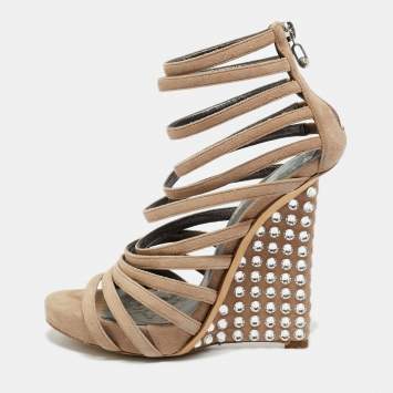 Pre Owned Philipp Plein Size 37.5 Beige Suede Wedge Sandals