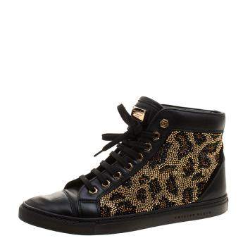 Pre Owned Philipp Plein Black Leather Crystal Studded High Top Sneakers Size 38