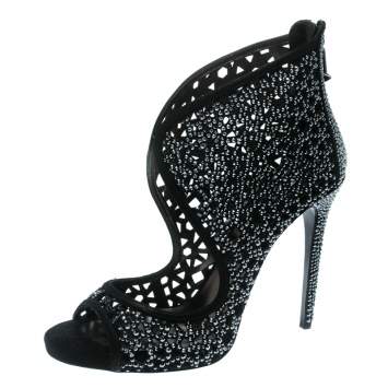 Pre Owned Philipp Plein Black Crystal Embellished Leather Cut Out Open Toe Booties Size 41