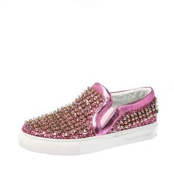 Pre Owned Phillip Plein Pink Leather and Glitter Spike Gall Slip On Sneakers Size 37