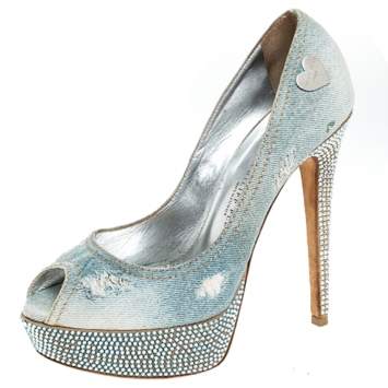 Phillip Plein Blue Crystal Embellished Distressed Denim Peep Toe Platform Pumps Size 39 