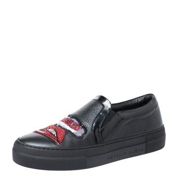 Pre Owned Phillip Plein Black Leather Busybody Slip On Sneakers 38