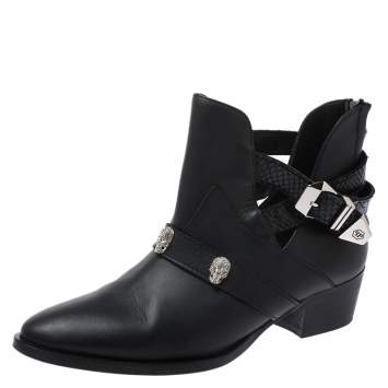 Pre Owned Philipp Plein Black Leather Skull Detail Ankle Boots Size 37
