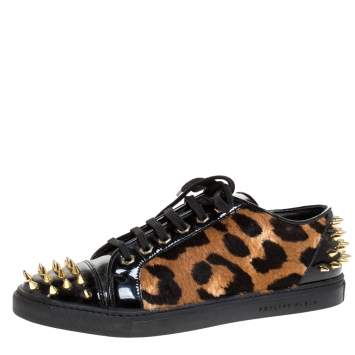 Pre Owned Philipp Plein Black/Brown Leopard Print Calf Hair And Patent Leather Spike Embellished Low Top Sneakers Size 38