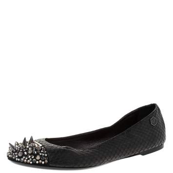 Pre Owned Philipp Plein Black Python Spike Ballet Flats Size 38.5