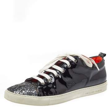 Pre Owned Philipp Plein Black Patent Leather Skull Glittered Cap Toe Low Top Sneakers Size 40.5