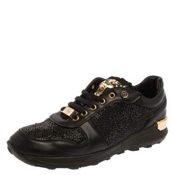 مملوكة مسبقًا Philipp Plein Black Suede And Leather Embellished Low Top Sneakers Size 40