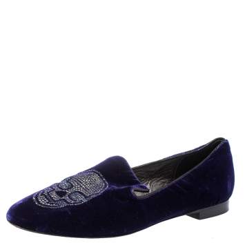 Pre Owned Philipp Plein Purple Velvet Crystal Skull Smoking Slippers Size 35