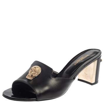 Pre Owned Philipp Plein Black Leather Skull Embellished Slide Sandals Size 40