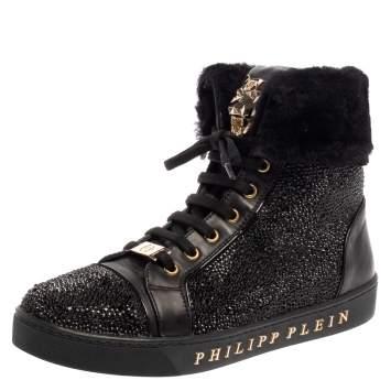 Pre Owned Philipp Plein Black Leather And Suede Crystal Embellished Fur Trim High Top Sneakers Size 39