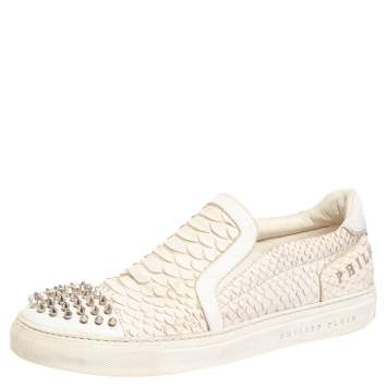 Pre Owned Philipp Plein Cream Python Embossed Leather Spike Slip On Sneakers Size 42.5