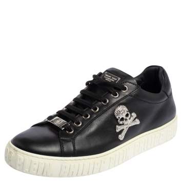 Pre Owned Phillip Plein Black Leather Skull Embellished Low Top Sneakers Size 40