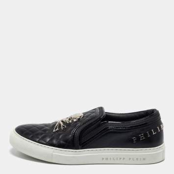 Pre Owned Philipp Plein Black Quilted Leather Skull Slip-On Sneakers Size 38