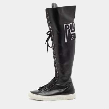 Pre Owned Philipp Plein Black Leather Knee High Embroidered Sneaker Boots Size 37