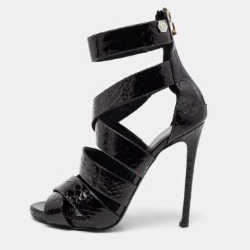Pre Owned Philipp Plein Black Python Embossed Leather Strappy Sandals Size 38