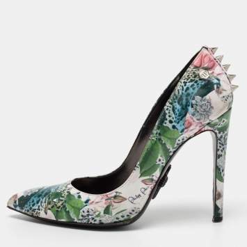 Pre Owned Philipp Plein Multicolour Printed Leather Spike Pumps Size 37.5