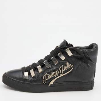Pre Owned Philipp Plein Black Leather Logo Hight Top Sneakers Size 38