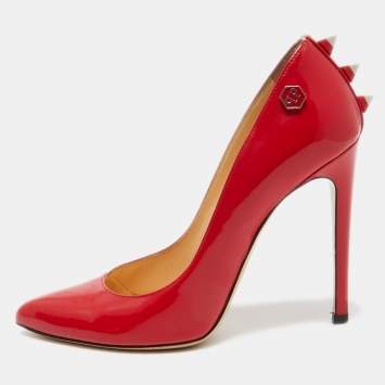 Pre Owned Philipp Plein Red Patent Leather Spike Detail Pointed Toe Pumps Size 37