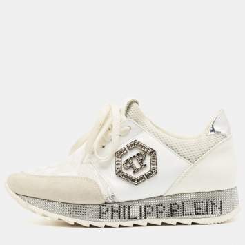 Pre Owned Philipp Plein White Lace and Leather Embellished Logo Low Top Sneakers Size 36