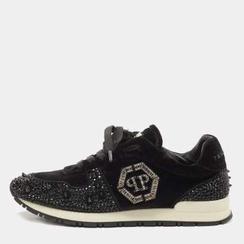 Pre Owned Philipp Plein Black Velvet Studded Embellishments Low Top Sneakers Size 37