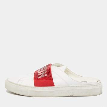 Pre Owned Phillip Plein White/Red Leather Crystal Embellished Logo Sneaker Mules Size 38