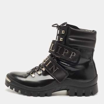 Pre Owned Philipp Plein Black Leather Tie Up Ankle Boots Size 42