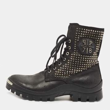 Pre Owned Philipp Plein Black Leather Studded Lace Up Ankle Boots Size 42