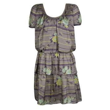 Pre Owned Philosophy di Alberta Ferretti Grey Floral Printed Silk Tiered Dress S