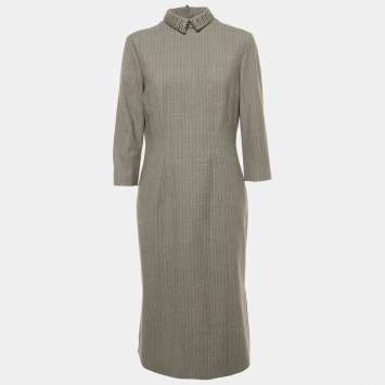 Pre Owned Philosophy di Alberta Ferretti Grey Pinstriped Wool Embellished Collar Midi Dress L